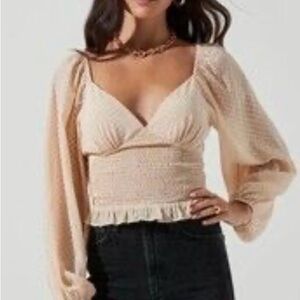 Astr Cream Smocked Long Balloon Sleeve Blouse size M